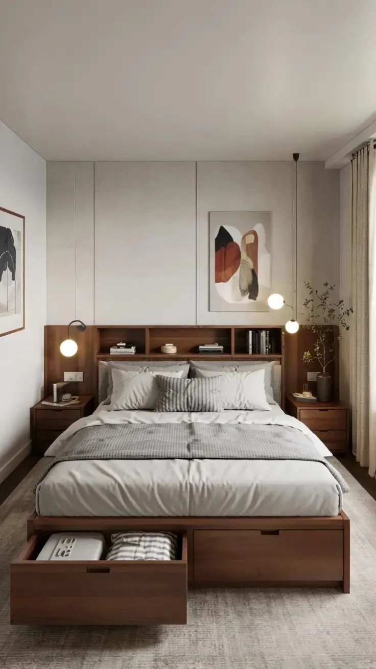 Compact bedroom with integrated headboard storage
