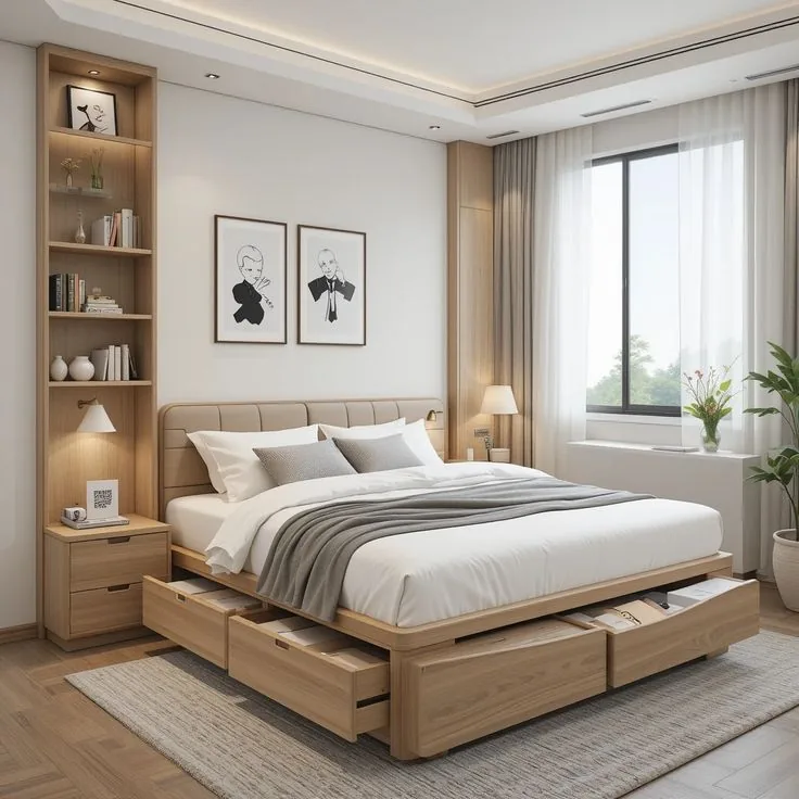 Warm bedroom interior with built-in display storage and a storage bed