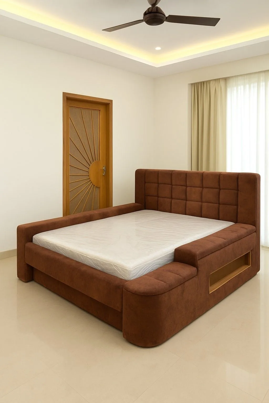 Completed upholstered storage bed in a bright bedroom