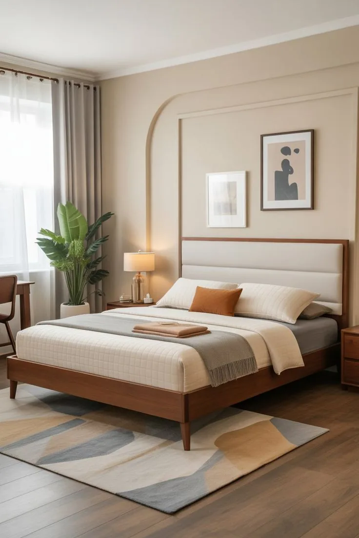Warm minimal bedroom with upholstered bed and coordinated side tables