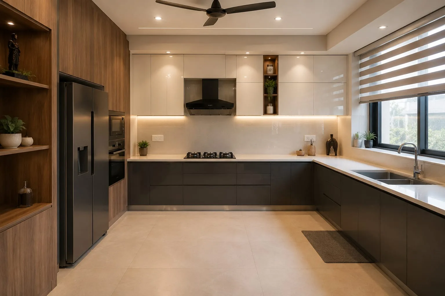 Warm wood and charcoal modular kitchen completed by Jainam Furnitech