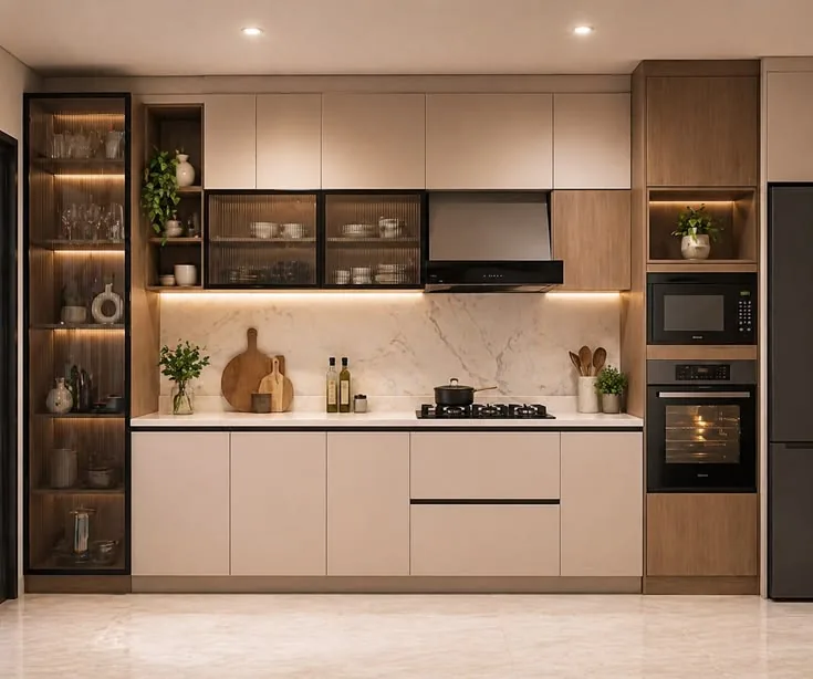 Full-height modular kitchen with display storage and integrated appliances