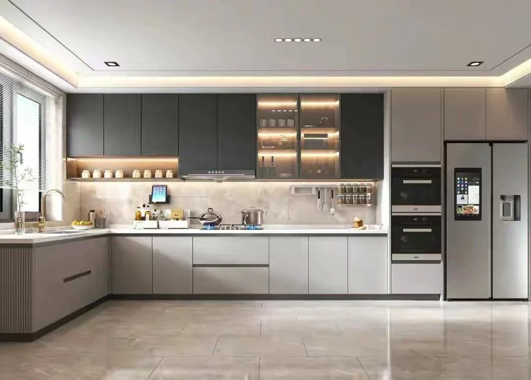 Grey modular kitchen with integrated storage and lighting