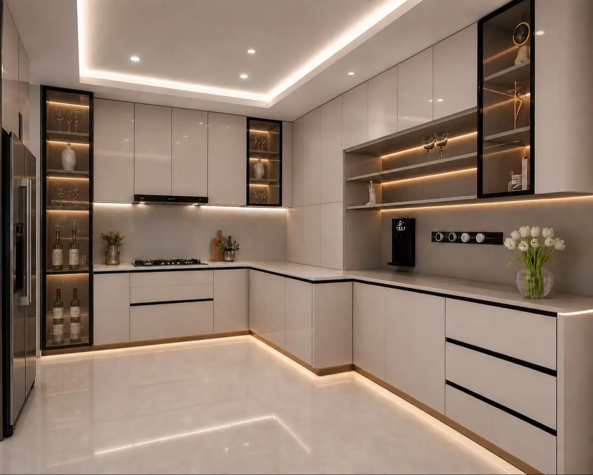 Contemporary L-shaped modular kitchen with integrated warm lighting
