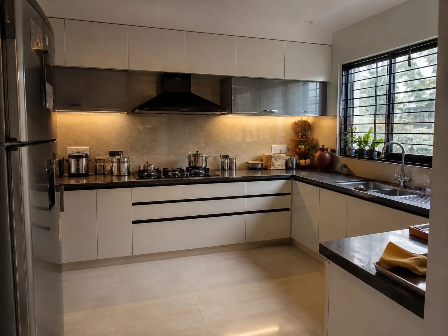 Completed white and charcoal modular kitchen