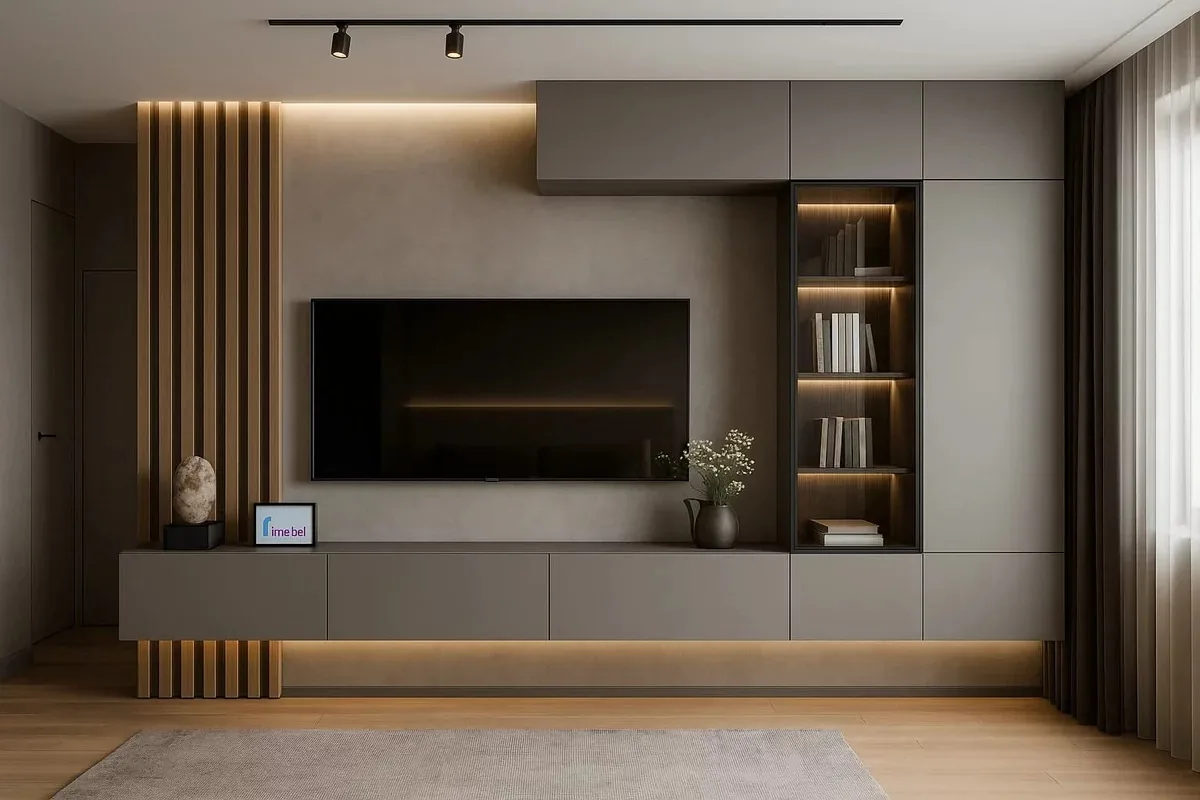 Large contemporary TV wall with warm vertical detailing and display storage