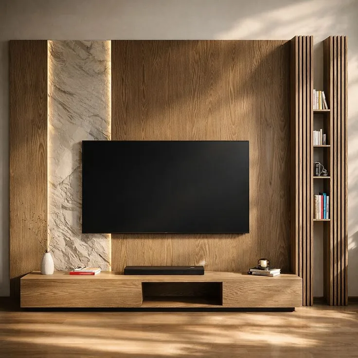 Completed TV wall with marble and warm timber finishes