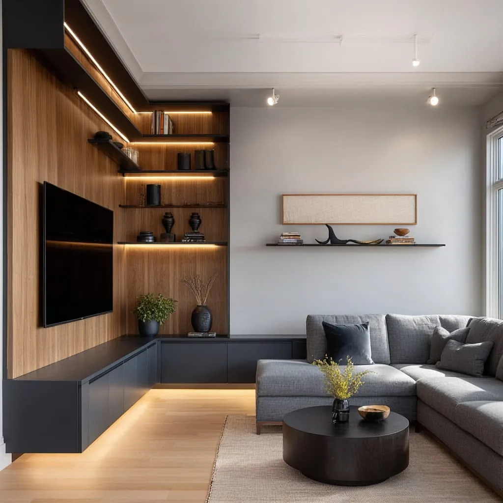 Contemporary living room with integrated TV wall and display shelves