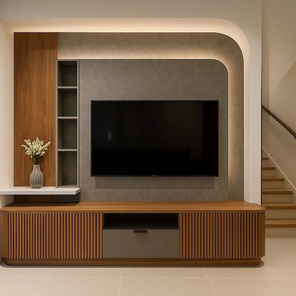 Coordinated contemporary living room interior with custom furniture