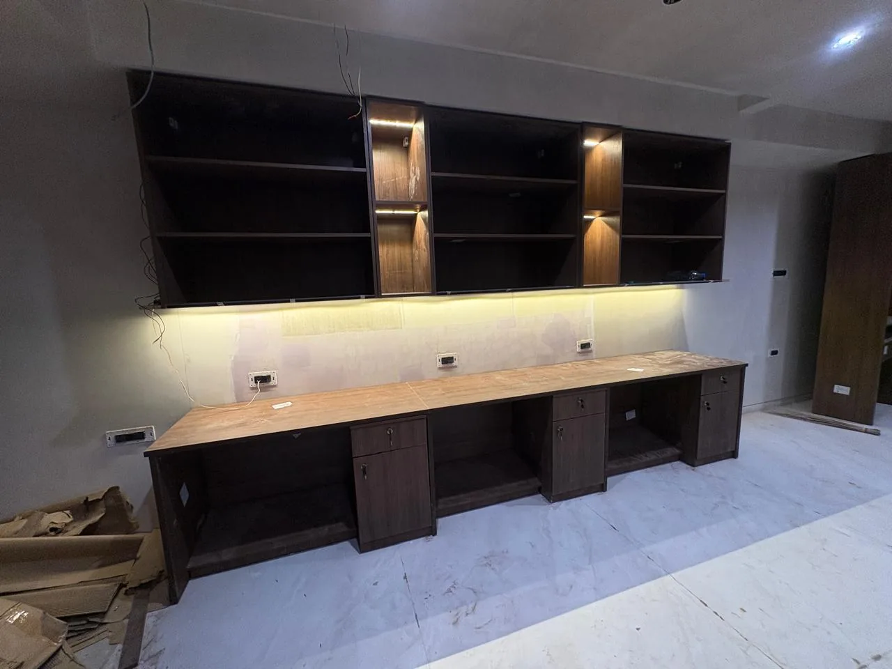 Completed illuminated storage wall ready for inspection