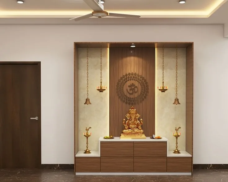 Custom pooja wall with warm wood and stone finishes