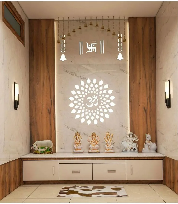 Custom wood and ivory pooja unit with illuminated Om panel