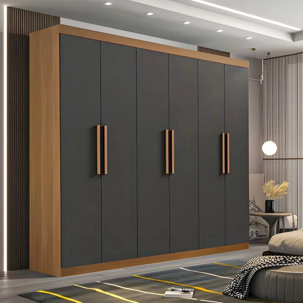 Floor-to-ceiling charcoal wardrobe with warm wood trim