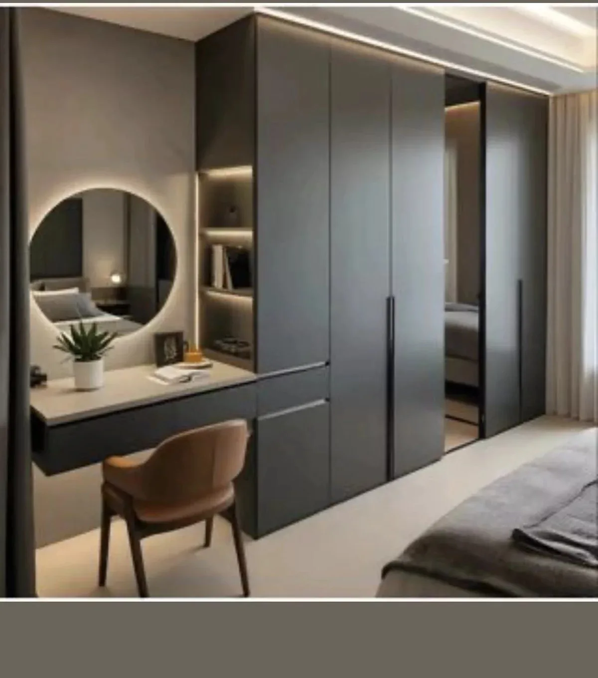 Custom wardrobe and dressing area in a refined bedroom interior