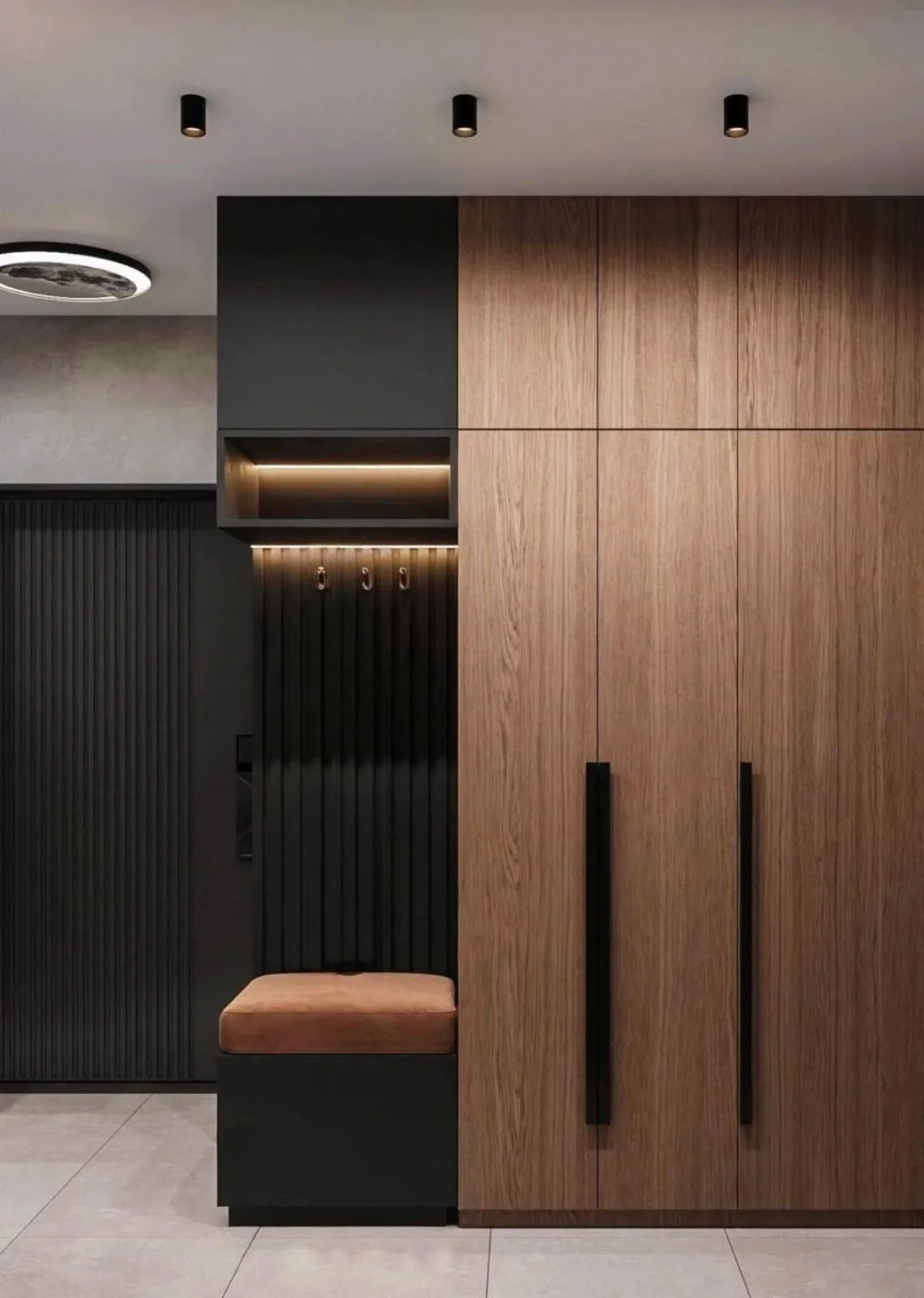 Floor-to-ceiling taupe wardrobe with illuminated open shelves